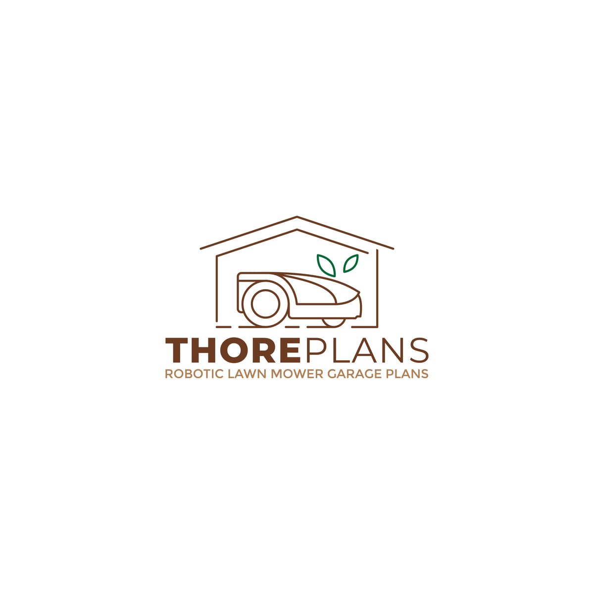 ThorePlans official brand logo featuring robotic lawn mower garage outline and text