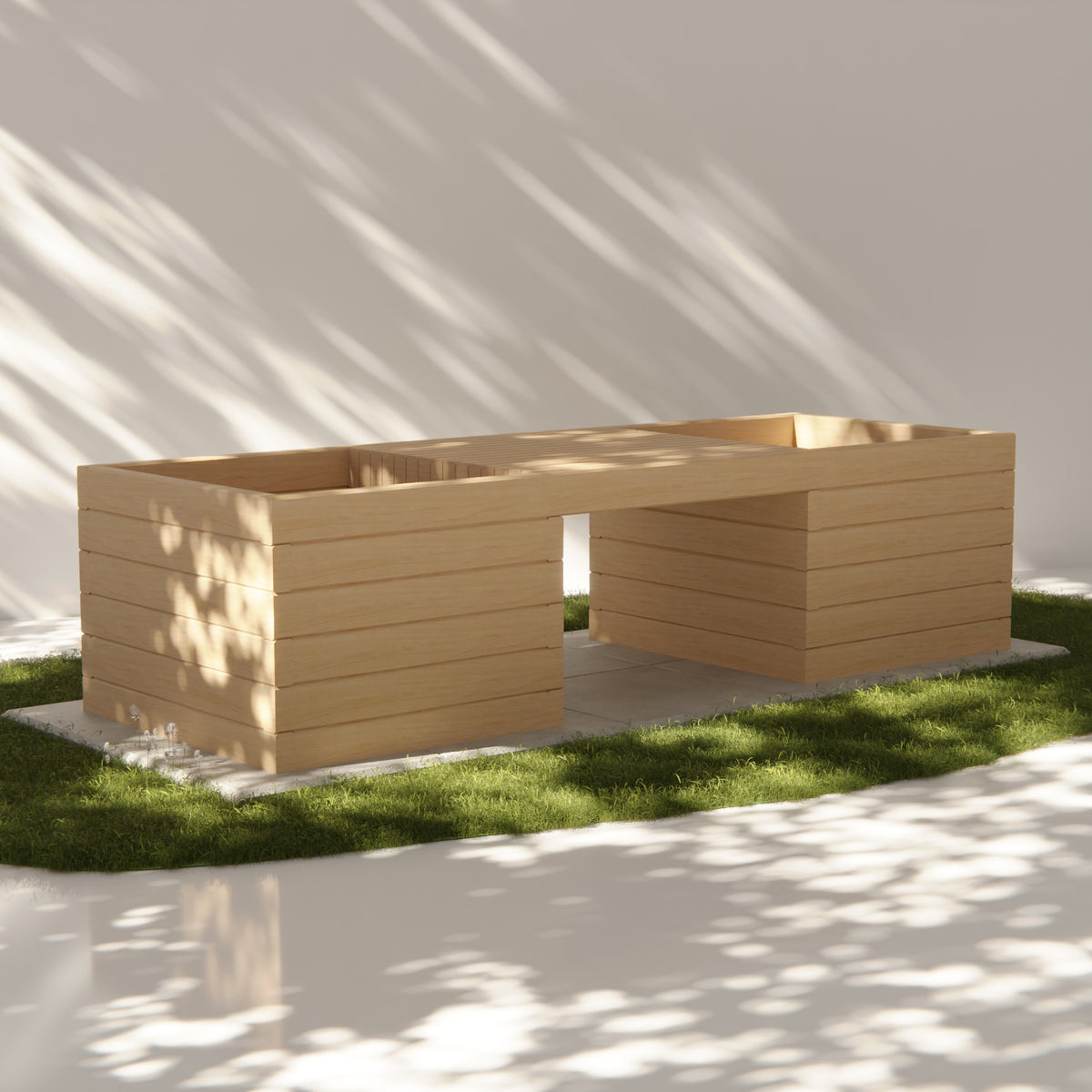 Wooden robotic lawn mower garage with planter box and seating bench on grass