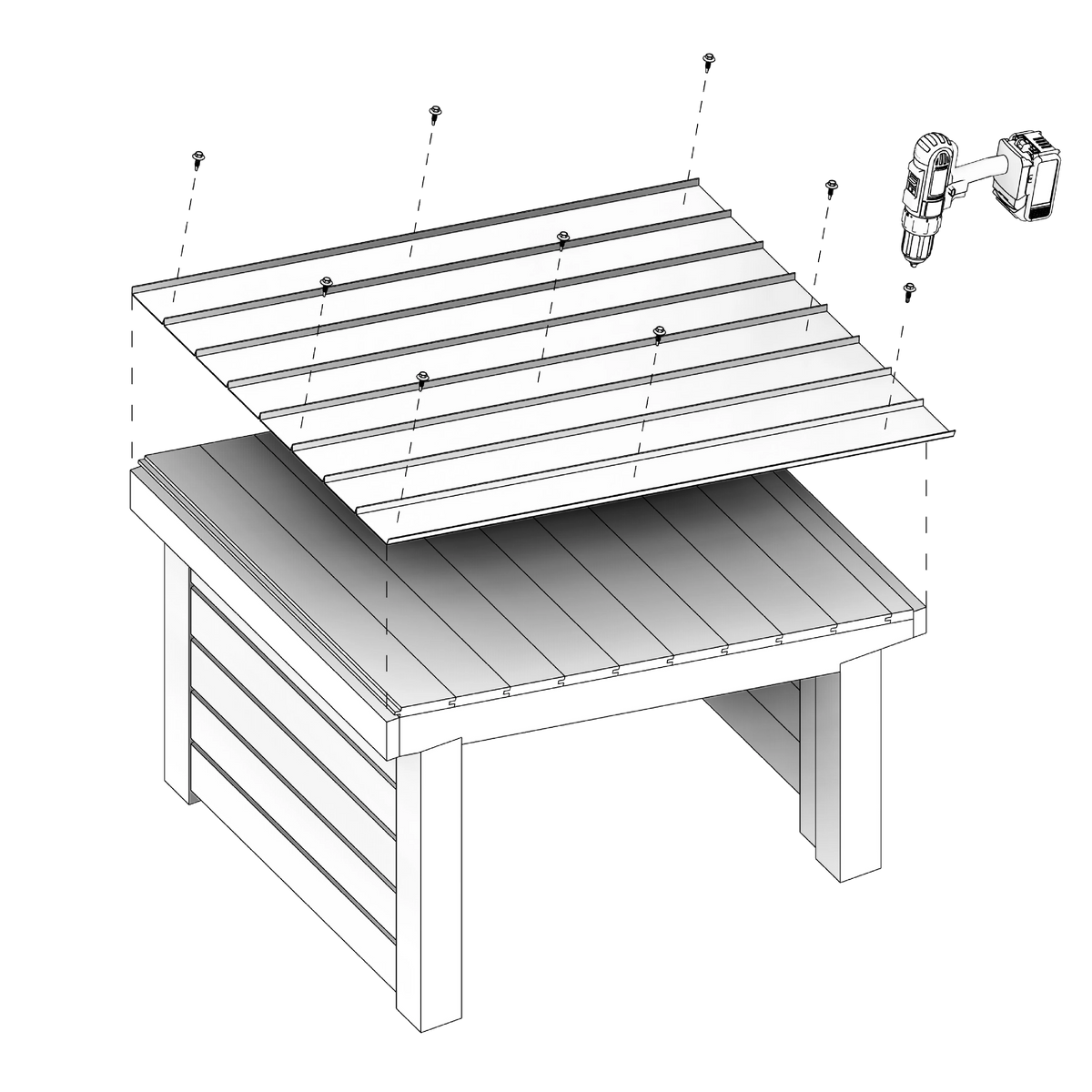 Assembly instruction diagram showing roof panel installation for a wooden robotic lawn mower garage structure