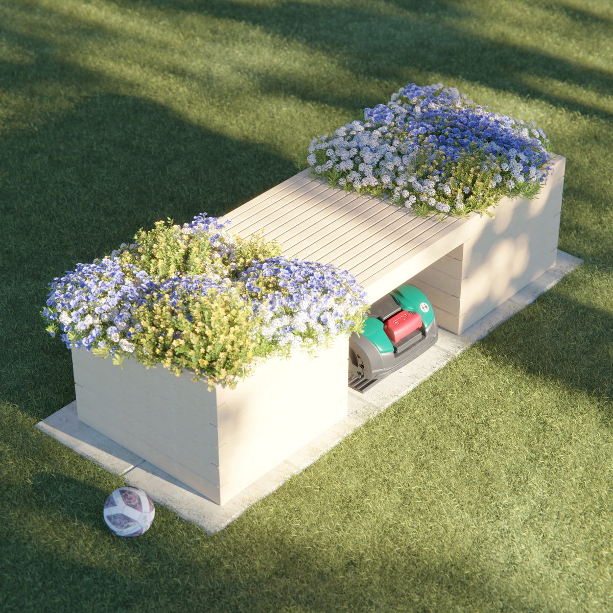 Modern wooden planter box and robotic lawn mower garage with flowers on a green lawn