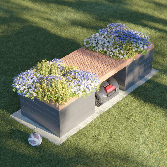 Modern dark gray planter box and robotic lawn mower garage with flower arrangement on grass