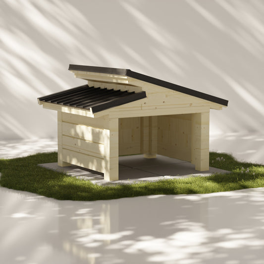 Side view of Månstad natural wooden DIY robot mower garage plan model by ThorePlans