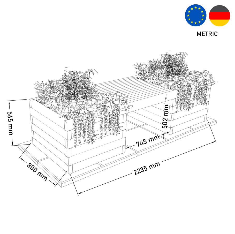 Planter box and robotic lawn mower garage technical drawing with dimensions in Metric units