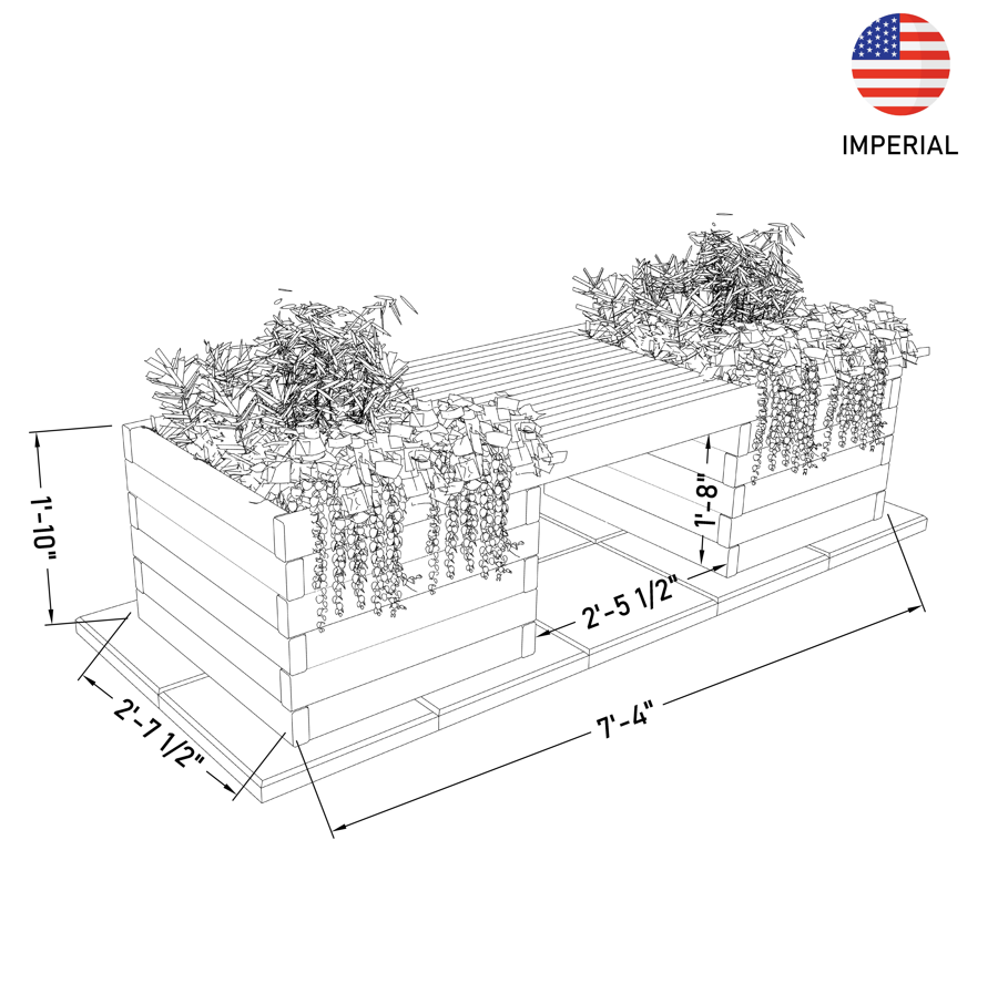 Planter box and robotic lawn mower garage technical drawing with dimensions in US Imperial units
