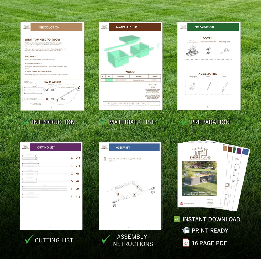 Overview of PDF guide pages including introduction, materials list, preparation, cutting list, and assembly instructions by ThorePlans Planter box with Robotric Lawn Mower Garage