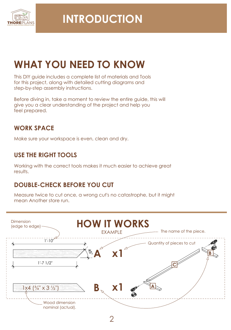 Introduction page preview of ThorePlans DIY robot mower garage building guide showing instructions and diagram