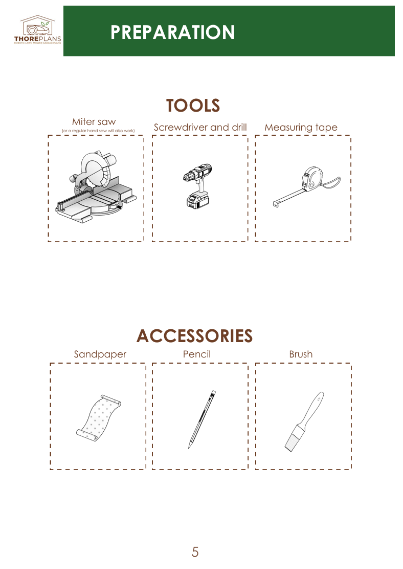 Preparation page preview of ThorePlans DIY robot mower garage building guide showing required tools and accessories