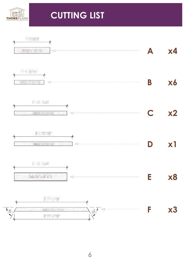 Cutting list page preview of ThorePlans DIY robot mower garage building guide showing wood dimensions and piece quantities