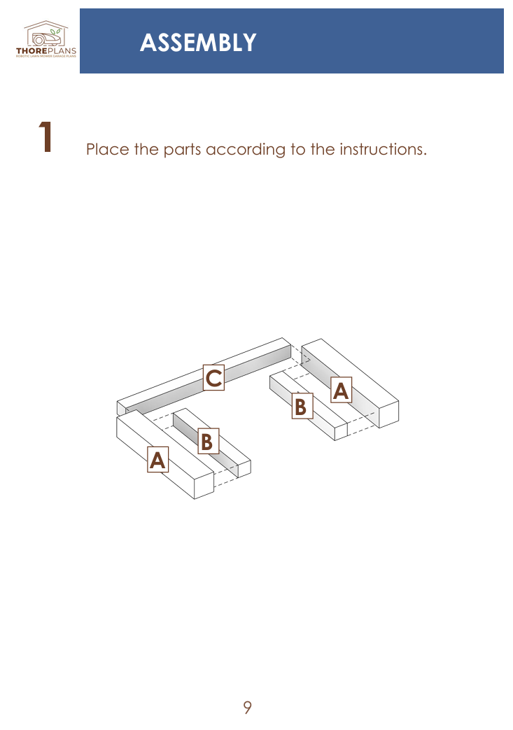 Assembly instructions page preview of ThorePlans DIY robot mower garage building guide showing step-by-step assembly diagram