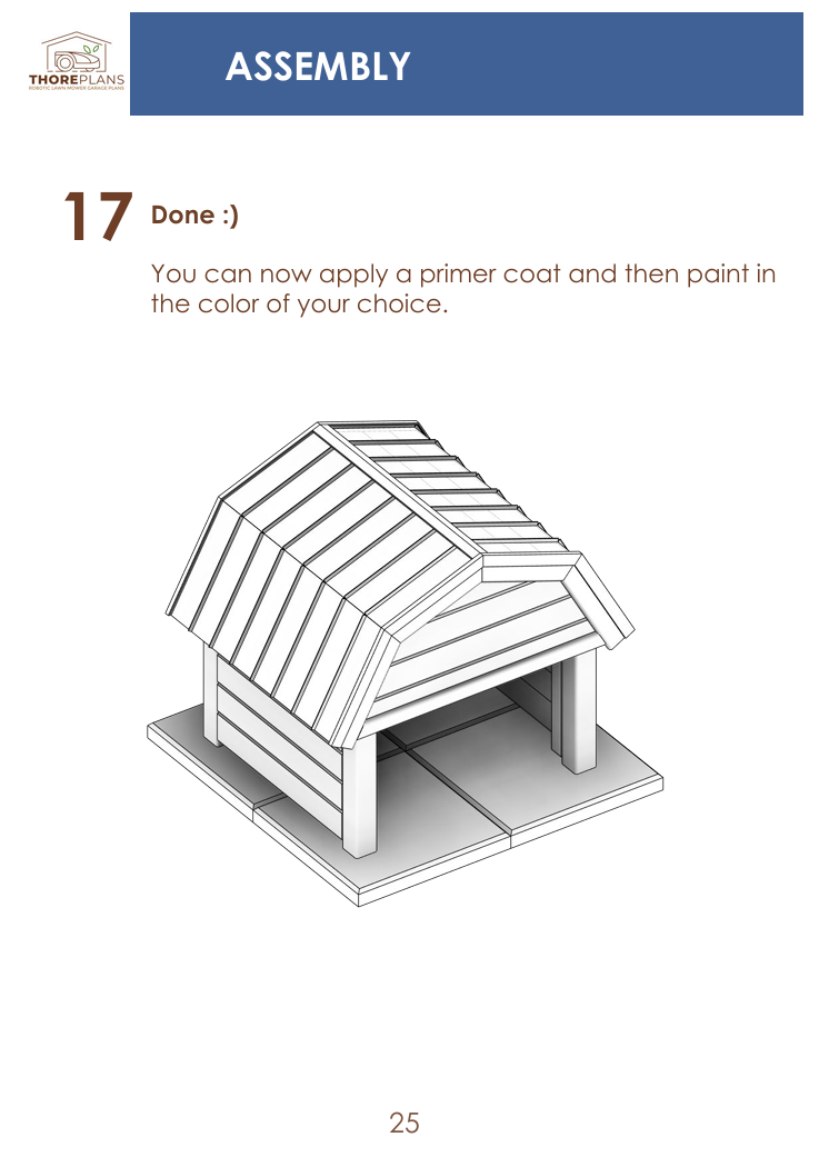 Final assembly step page preview of ThorePlans DIY robot mower garage building guide showing completed structure drawing