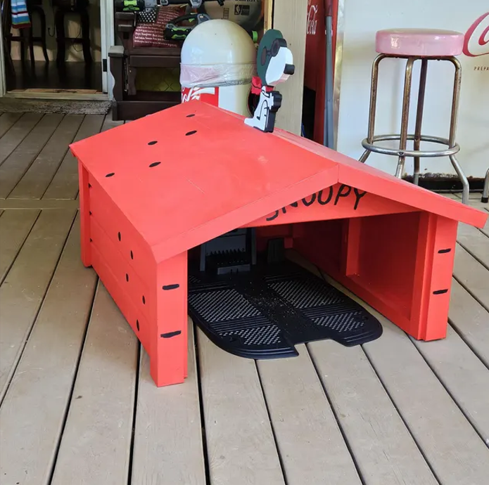 Custom built red DIY robot mower garage made from ThorePlans