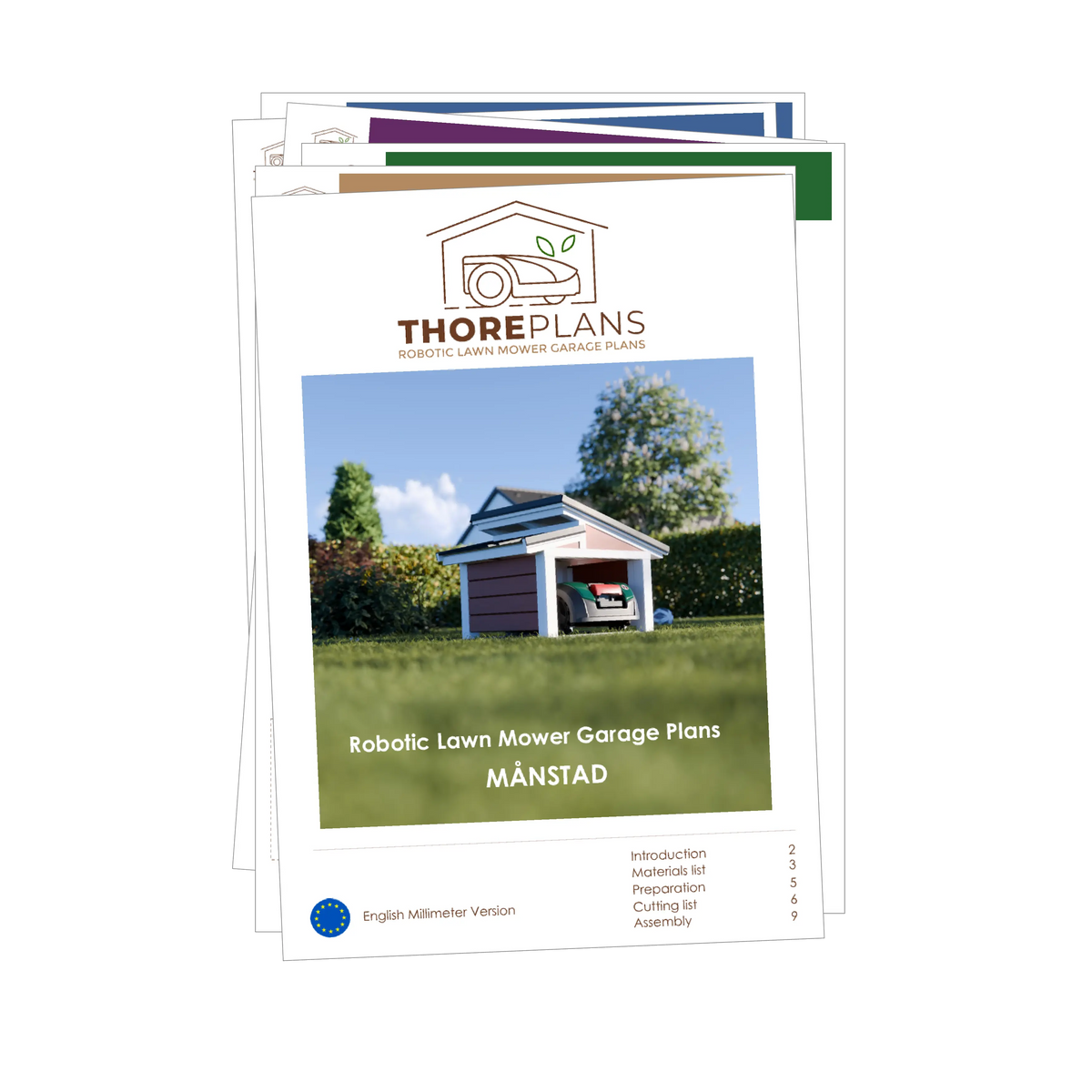 Månstad PDF robot mower garage plan cover and booklet pages overview by ThorePlans