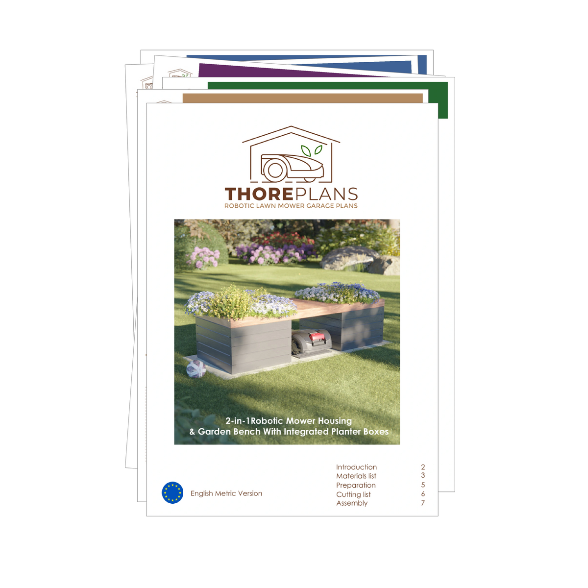 2-in-1 robotic mower housing and garden bench with integrated planter boxes PDF plan English Metric version booklet overview by ThorePlans