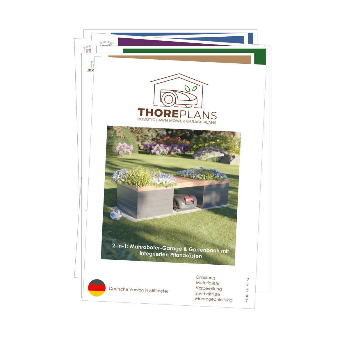2-in-1 robotic mower housing and garden bench with integrated planter boxes PDF plan German version booklet overview by ThorePlans