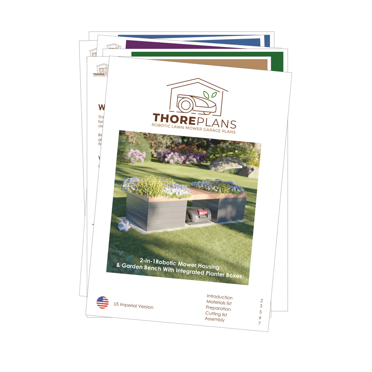 2-in-1 robotic mower housing and garden bench with integrated planter boxes PDF plan US Imperial version booklet overview by ThorePlans