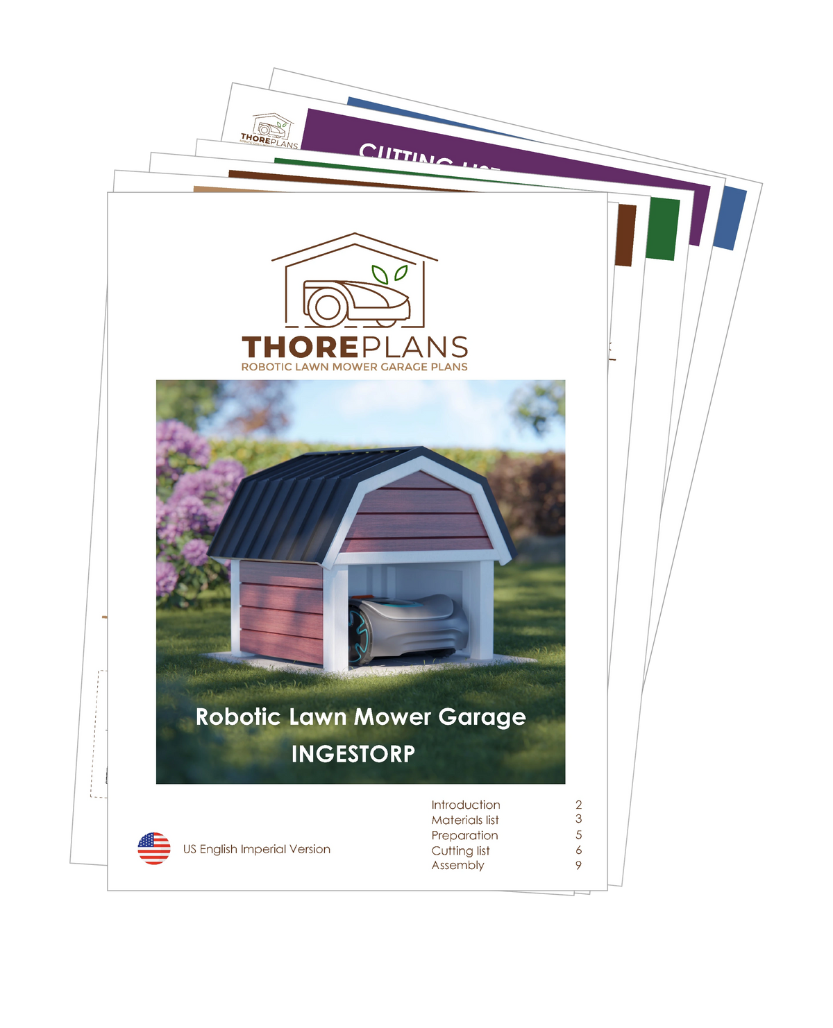 Example of ThorePlans step-by-step PDF building plan and material list for a robot mower garage